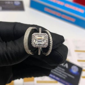 3Carats Moissanite Diamond Emerald Cut Engagement Ring (Complete Set)