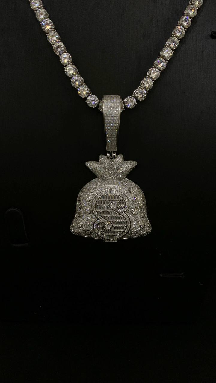 VVS Moissanite 5mm Tennis Necklace with Big Money Bag Pendant - Image 3
