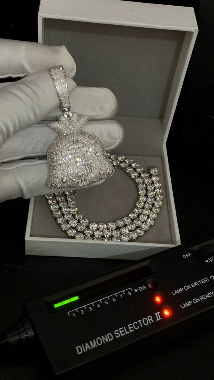 VVS Moissanite 5mm Tennis Necklace with Big Money Bag Pendant - Image 4