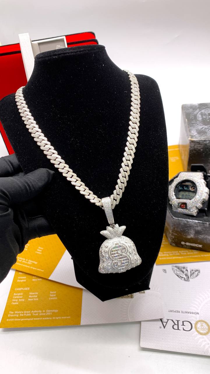 VVS Moissanite 5mm Tennis Necklace with Big Money Bag Pendant