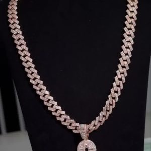 Rose Gold Plated 925 Silver Moissanite Diamond Cuban Chain with Ankh Pendant